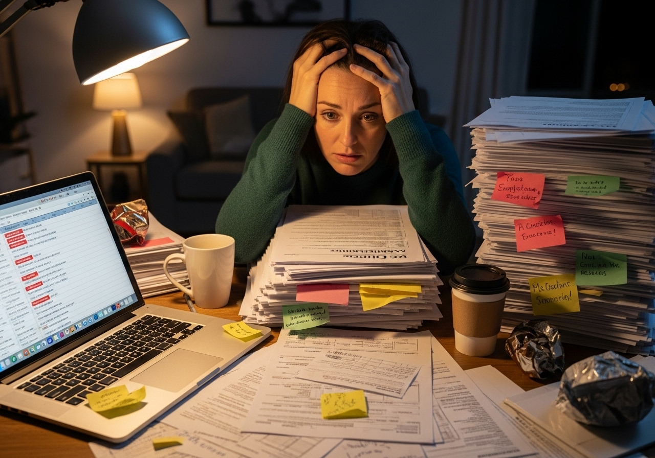 Overwhelmed parent with college application paperwork