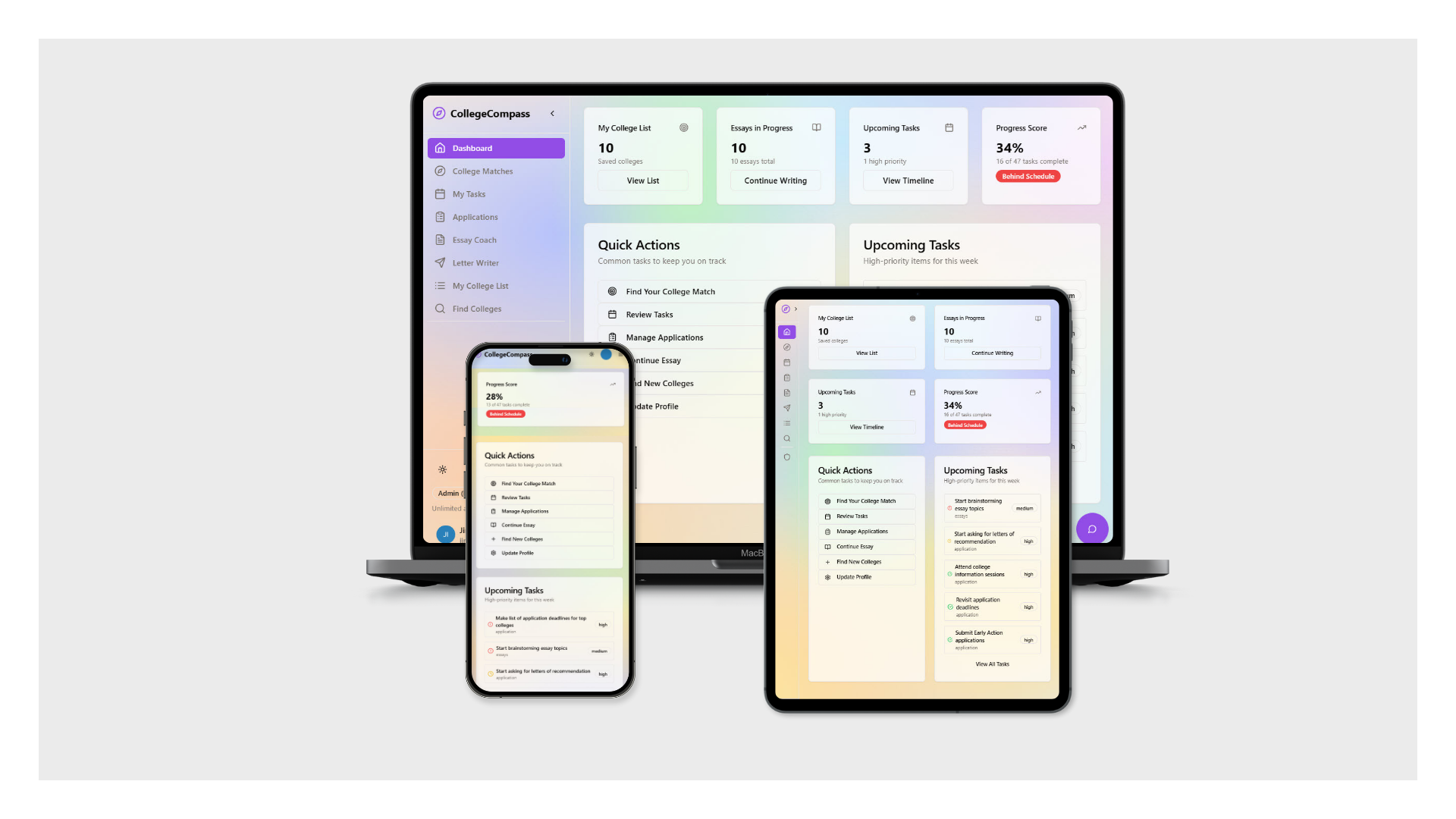 CollegeCompass multi-device mockups showing dashboard on desktop, tablet, and mobile