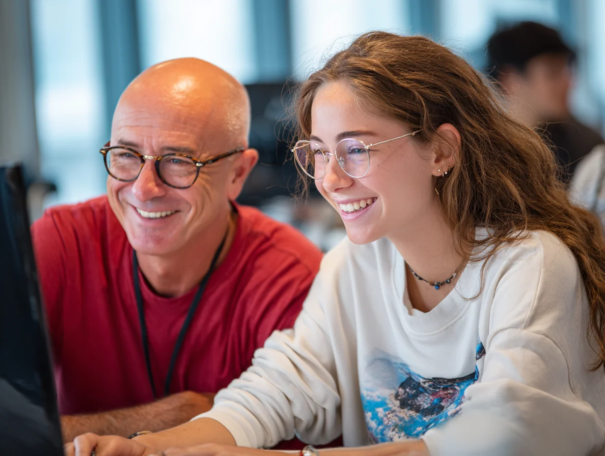 Happy parent and high school student working together on college planning