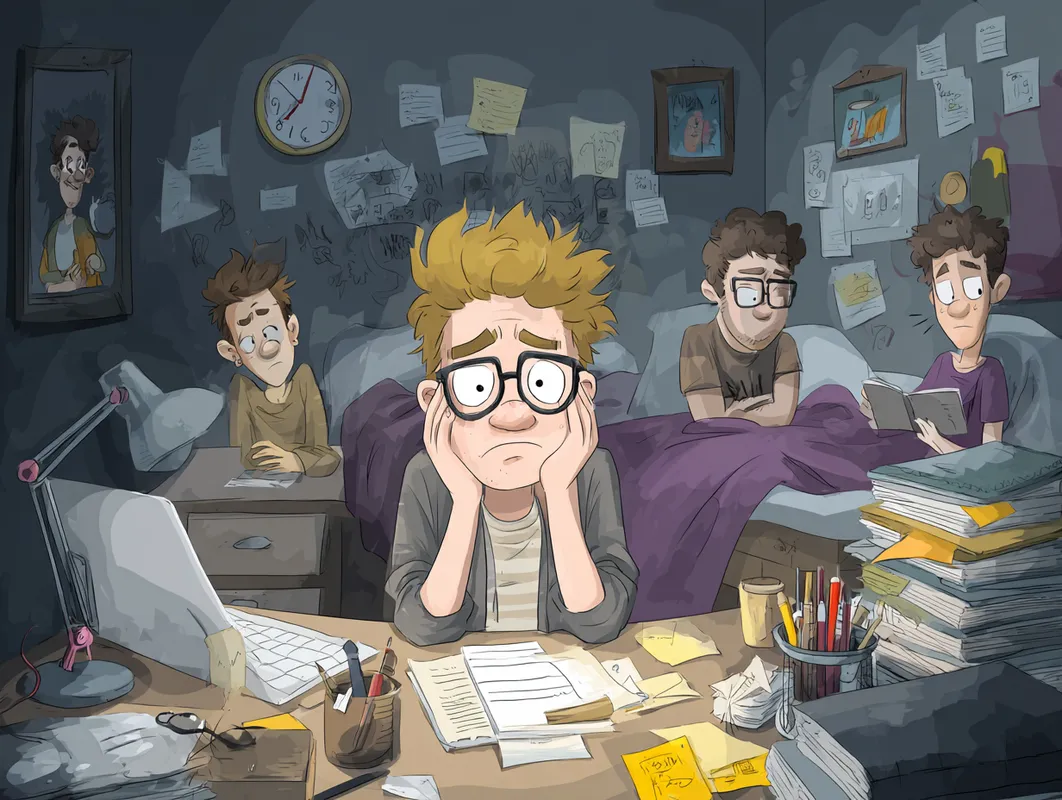 Cartoon illustration of a stressed student surrounded by papers and books at a cluttered desk, with a laptop open, emphasizing the challenges of FAFSA and college applications. Three other individuals are in the background, each involved in various study activities, highlighting teamwork and the pressure of educational planning. The room is filled with notes and reminders on the walls, reinforcing the theme of preparation and strategy in the college application process.