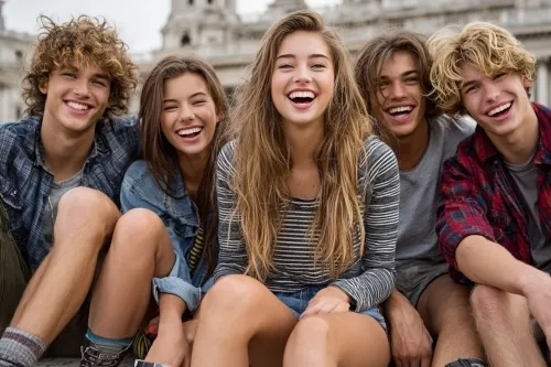 A group of five happy students sitting close together outdoors, dressed casually. They are smiling broadly, suggesting a sense of camaraderie and excitement, possibly about their college future. The background features a large architectural building, adding an academic context to the image. Ideal for illustrating friendship and optimism in college planning.