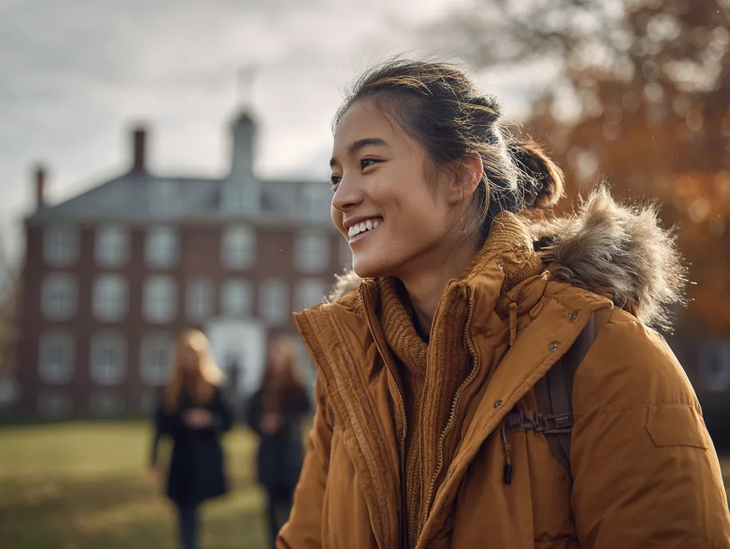 A young woman smiles while standing on a college campus, wearing a warm coat, with an old brick academic building in the background. The scene depicts a sense of achievement and excitement, highlighting the role of AI in guiding her college planning journey.
