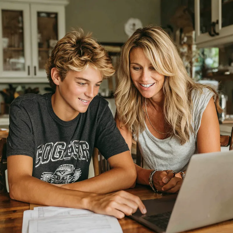 A high school student and an adult sit together at a kitchen table, focused on a laptop. Papers are spread out, suggesting college planning or financial discussions. The student is engaged, indicating active participation in planning for college success.