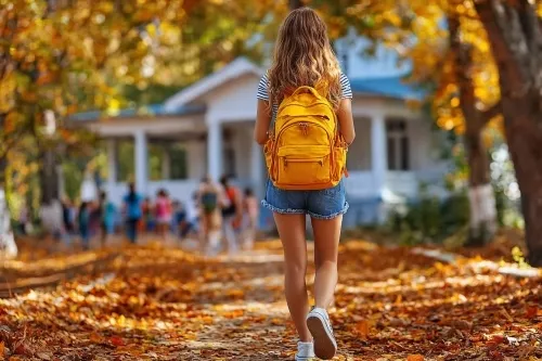 A student with a yellow backpack walks along a tree-lined path covered in autumn leaves, heading towards a building in the background. The setting suggests a college campus, conveying a sense of exploration and the journey toward higher education. The image symbolizes the start of a college planning and application process.
