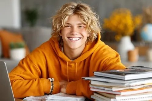 A student in an orange hoodie smiles while sitting at a desk stacked with textbooks and notebooks, suggesting effective study habits. The background features a cozy study space with a globe and vibrant flowers, symbolizing a conducive learning environment for academic success.