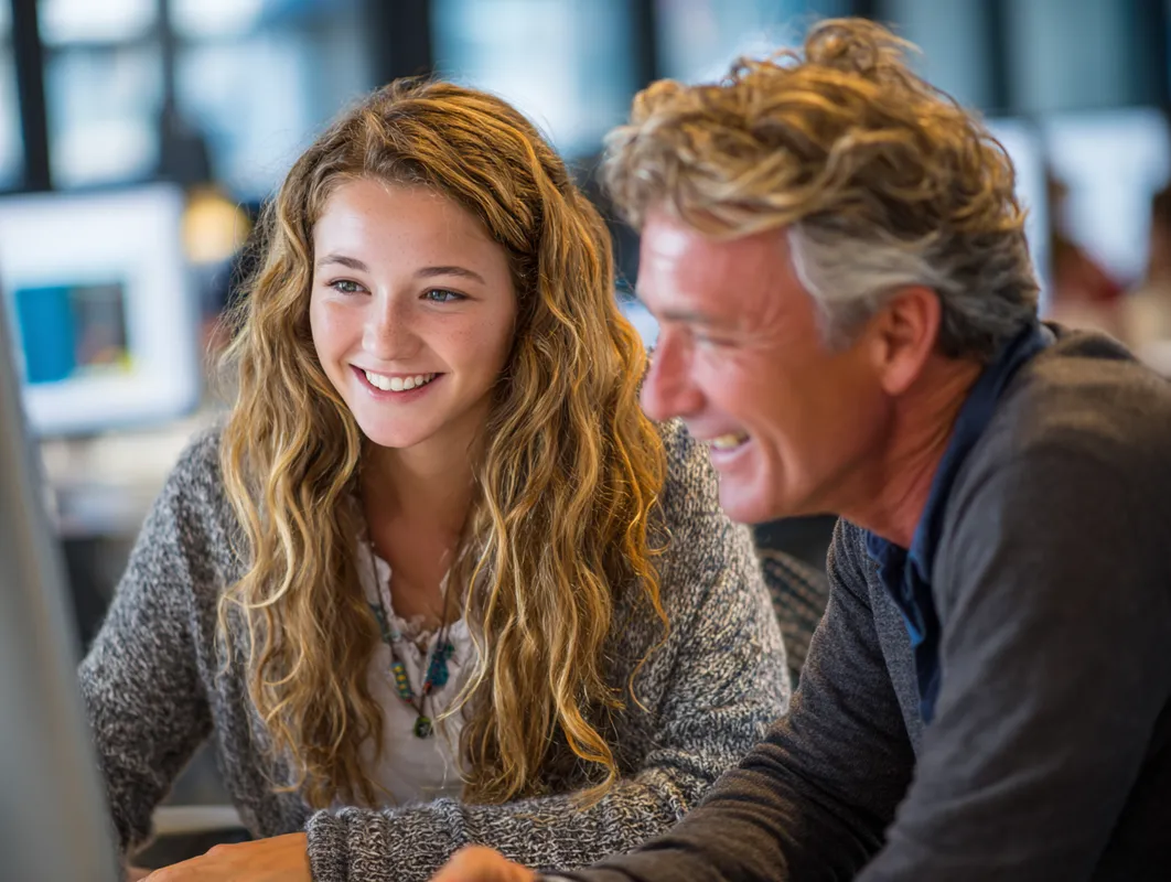 A young woman and an older man are sitting together, engaged in a discussion while looking at a computer screen. The setting suggests a college planning environment, emphasizing mentorship and guidance in education. They appear focused and enthusiastic, symbolizing collaboration and support in achieving academic goals.