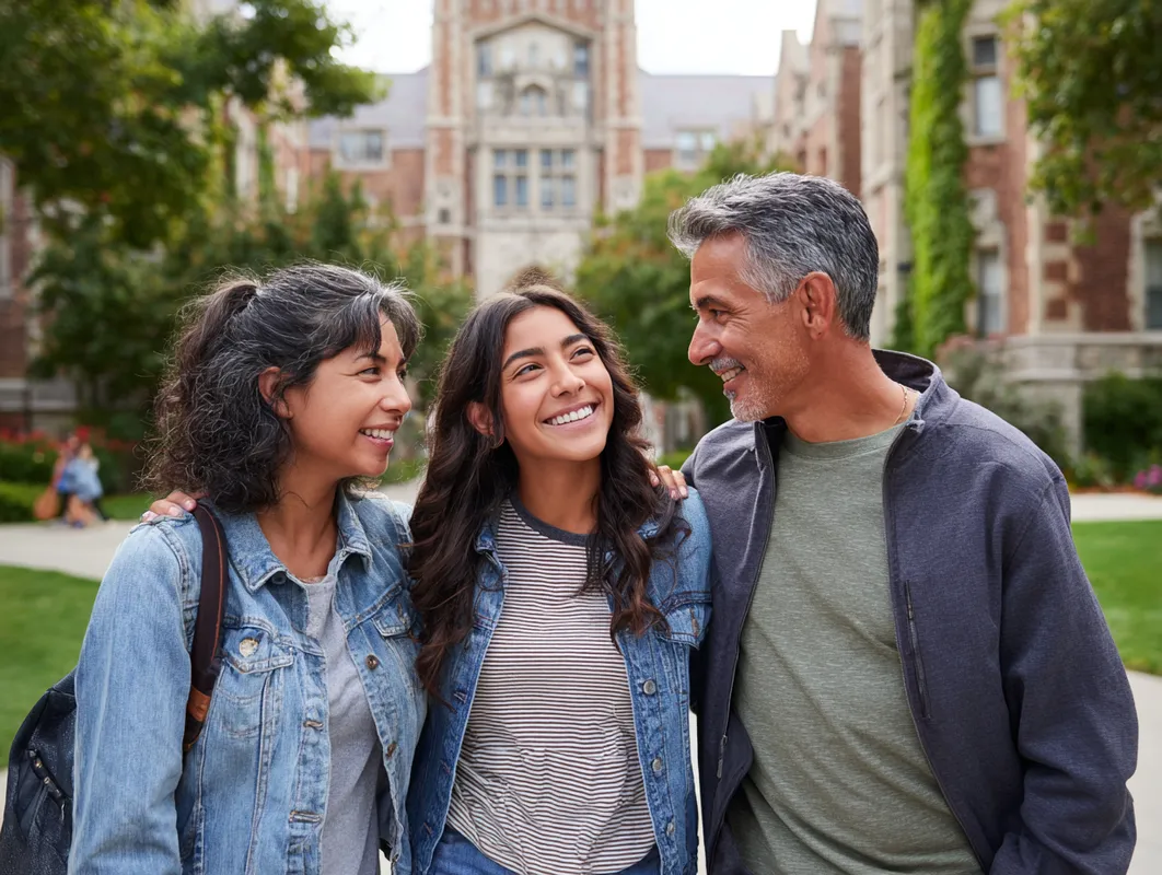 A joyful family walks together on a college campus, symbolizing unity and support in the college application journey. The setting features a historic, ivy-covered building, representing higher education's prestigious traditions. The parents' presence underscores the importance of family involvement in demystifying college planning.